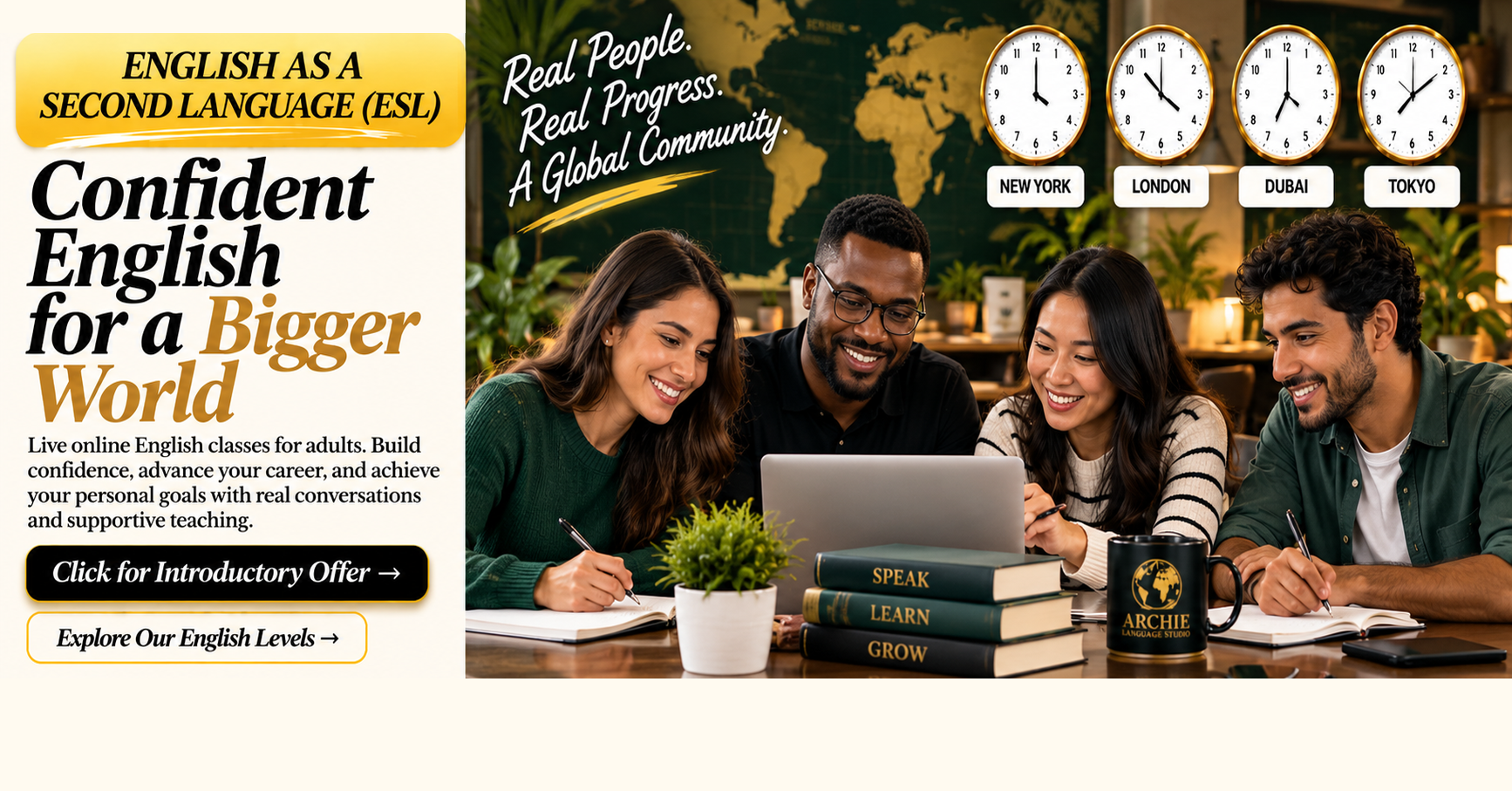 Archie Language Studio online ESL classes with adult learners studying together and international clocks